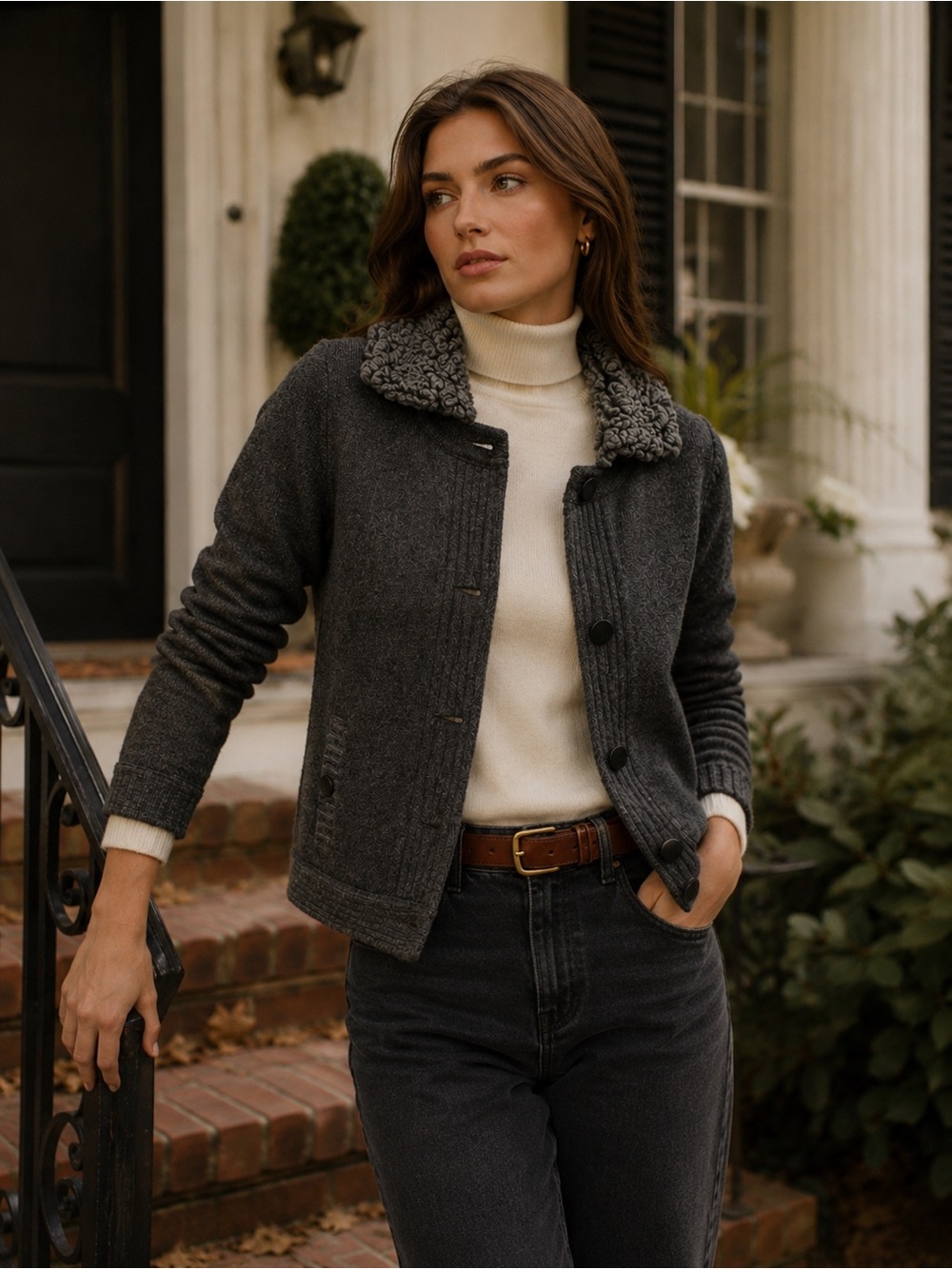 Gap Wool Cardigan Jacket XS Gray Sherpa Collar Button Front Cozy Classic - Picture 1 of 7